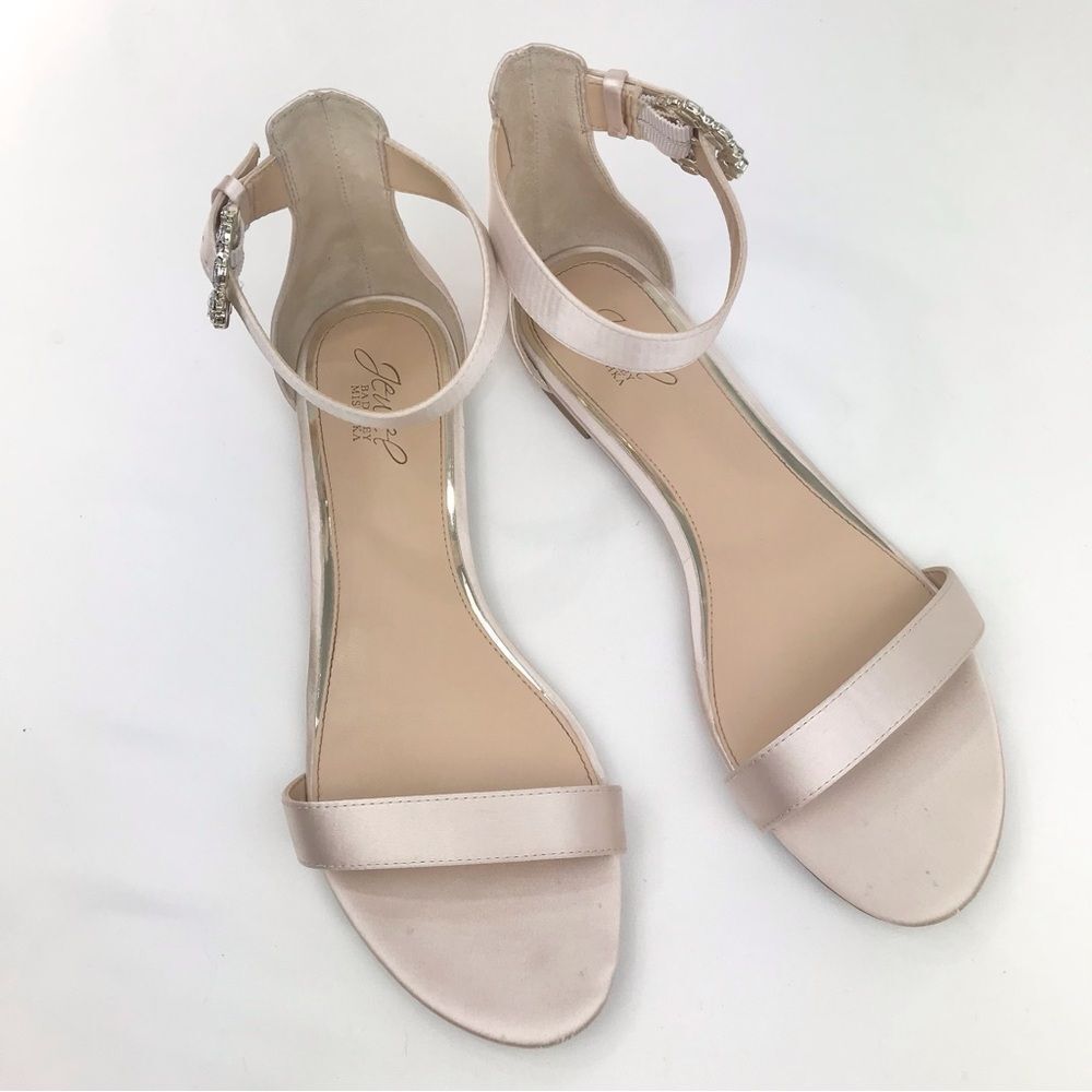 Jewel Badgley Mischka Blush Cream Satin Rhinestone Buckle Flat Open Toe Sandals